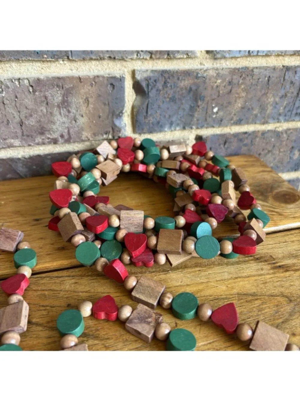VTG Wooden Hearts Bead Garland 9 Red Green Lot Of 2 9 Ft Strands